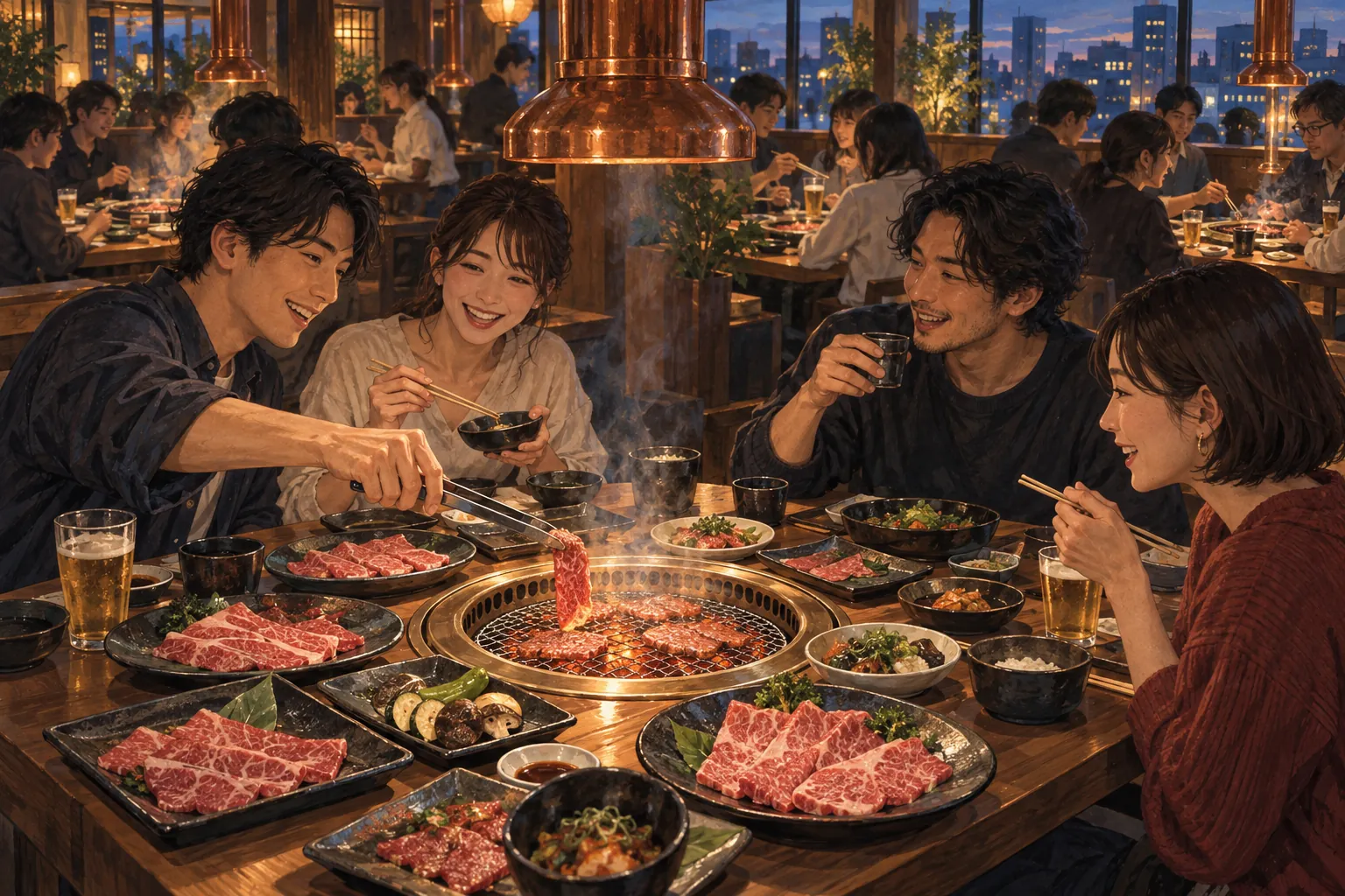 暖かな照明と窓からの涼しげな光が差すにぎやかな焼肉店で、友人たちが卓上の焼き網を囲んで牛肉を分け合う。