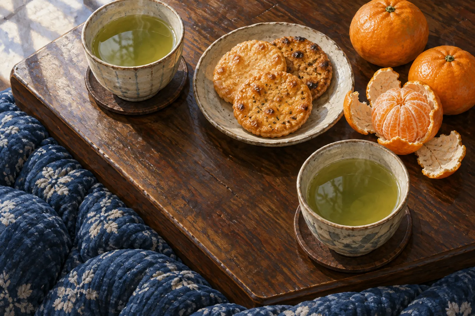 Two cups of green tea, toasted senbei and partly peeled mikan rest on a wooden kotatsu beside a thick indigo quilt.