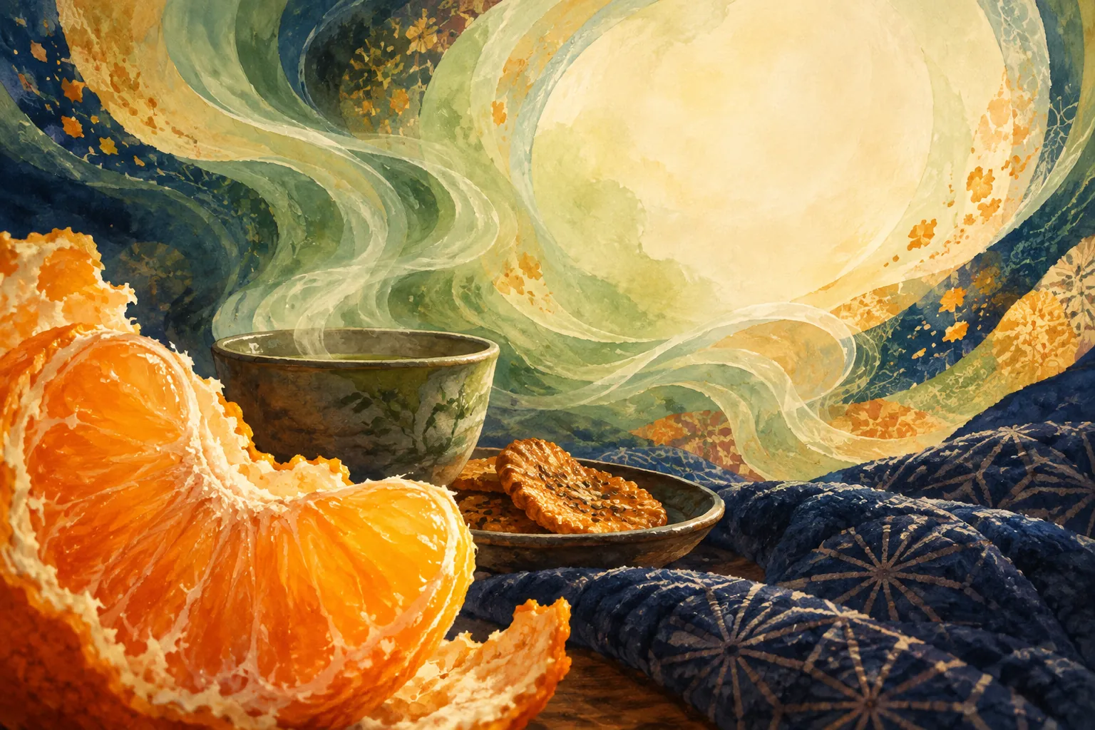 Peeled mikan, senbei and a tea cup meet curling green steam and a luminous cream opening framed by sweeping indigo and gold.