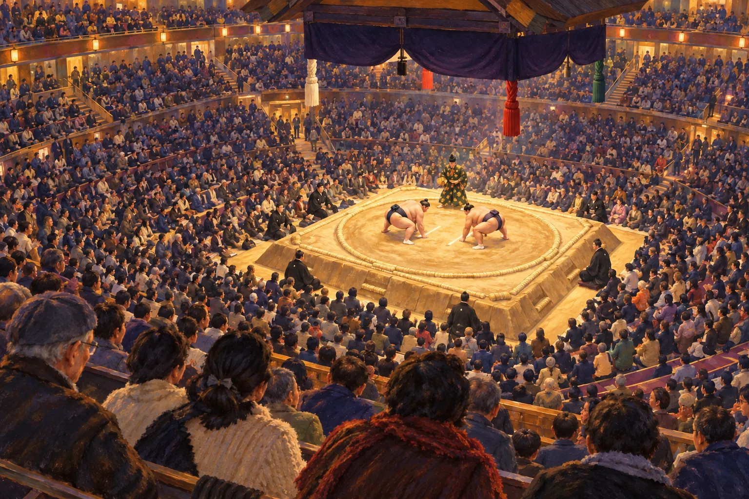 Seated spectators fill a warmly lit sumo arena around two wrestlers crouching opposite each other on a bright clay ring.
