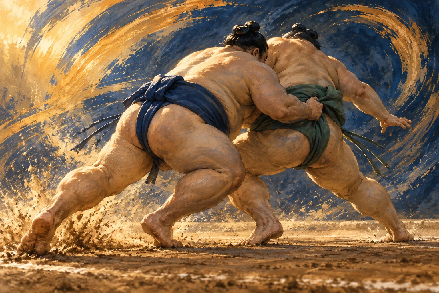 Two wrestlers drive across the clay with a firm belt grip, their movement echoed by broad indigo and amber brushstrokes.
