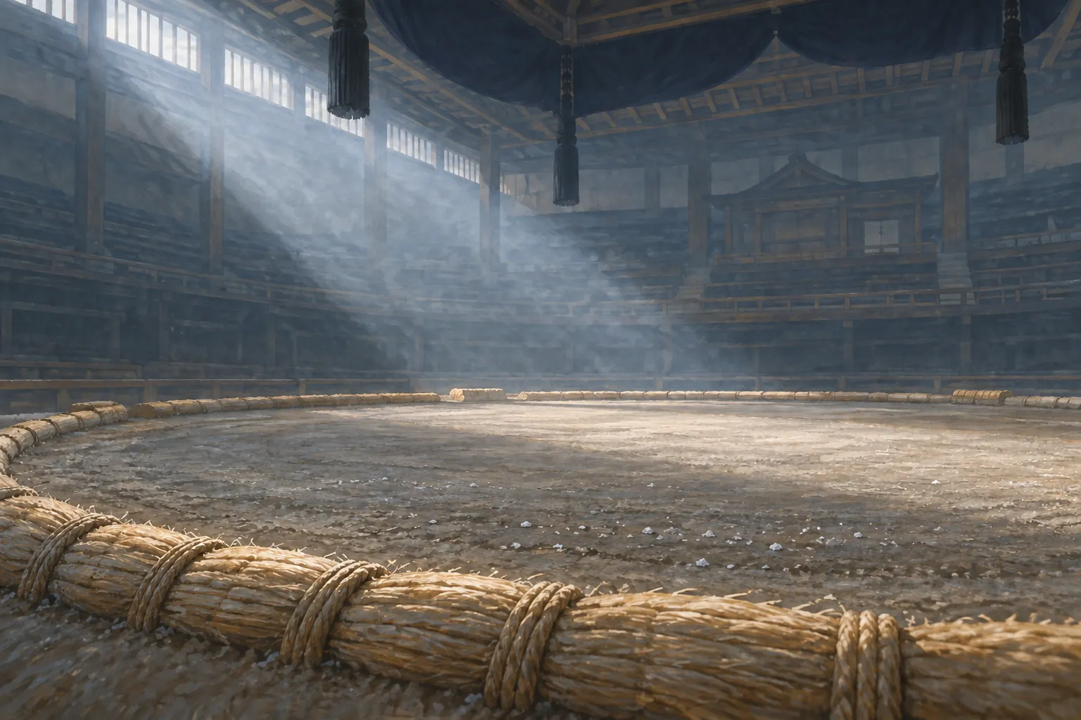 Cool daylight crosses an empty sumo ring, revealing scattered salt grains, textured clay and the curve of its straw boundary.
