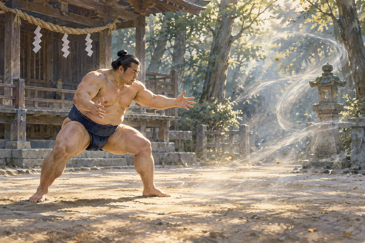 A wrestler braces with open arms in a shrine courtyard, facing a pale spiral of wind in the sunlit empty space.