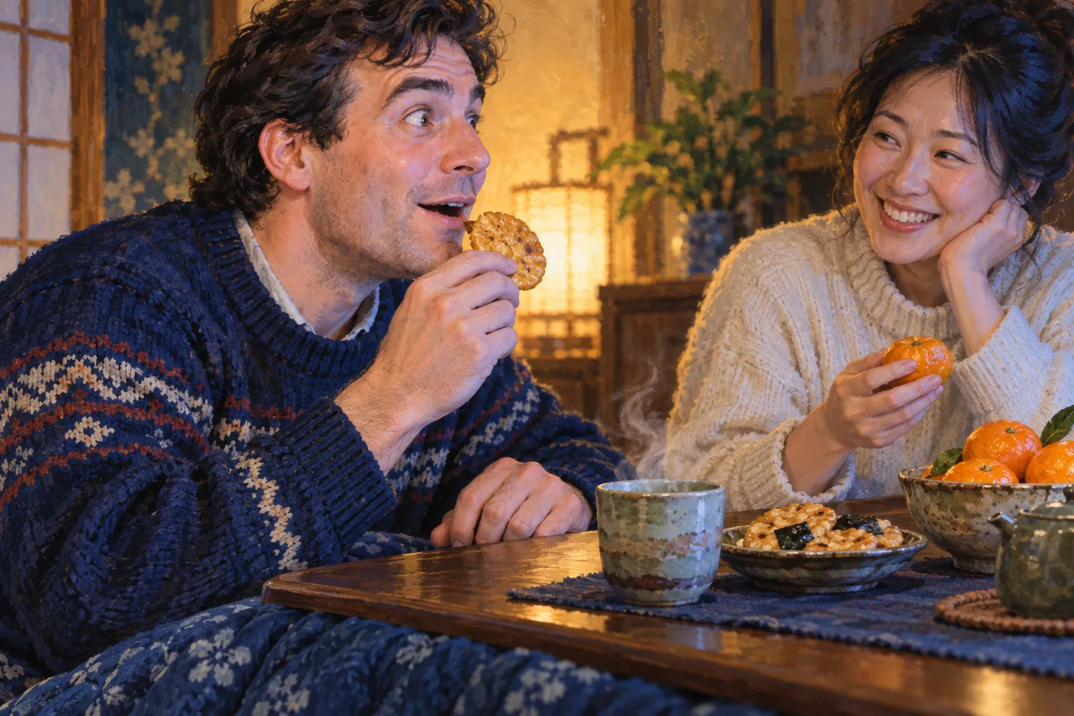 A delighted visitor pauses with a senbei near his mouth while his smiling hostess holds a mikan beside steaming green tea.