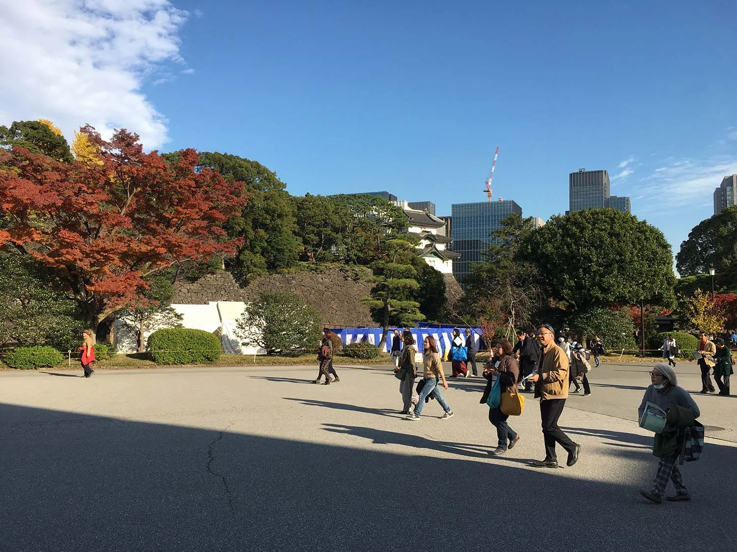 Visitors walk through the Imperial Palace grounds under a clear sky, with red autumn maples and office towers beyond.