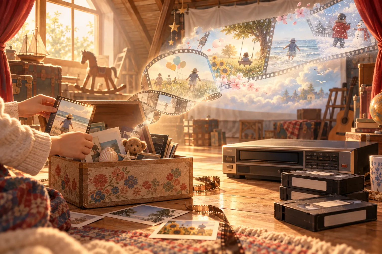 A child's keepsake box of photographs sits open on a wooden floor beside a VHS player and cassettes, a strip of film unspooling upward into remembered scenes.
