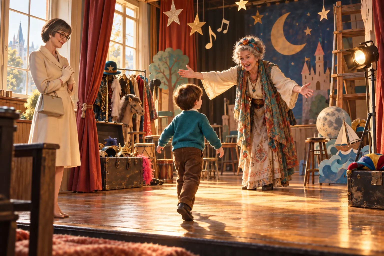 An elderly drama teacher in colourful layers opens her arms to a small boy running toward her across a sunlit rehearsal room while a woman watches from the doorway.