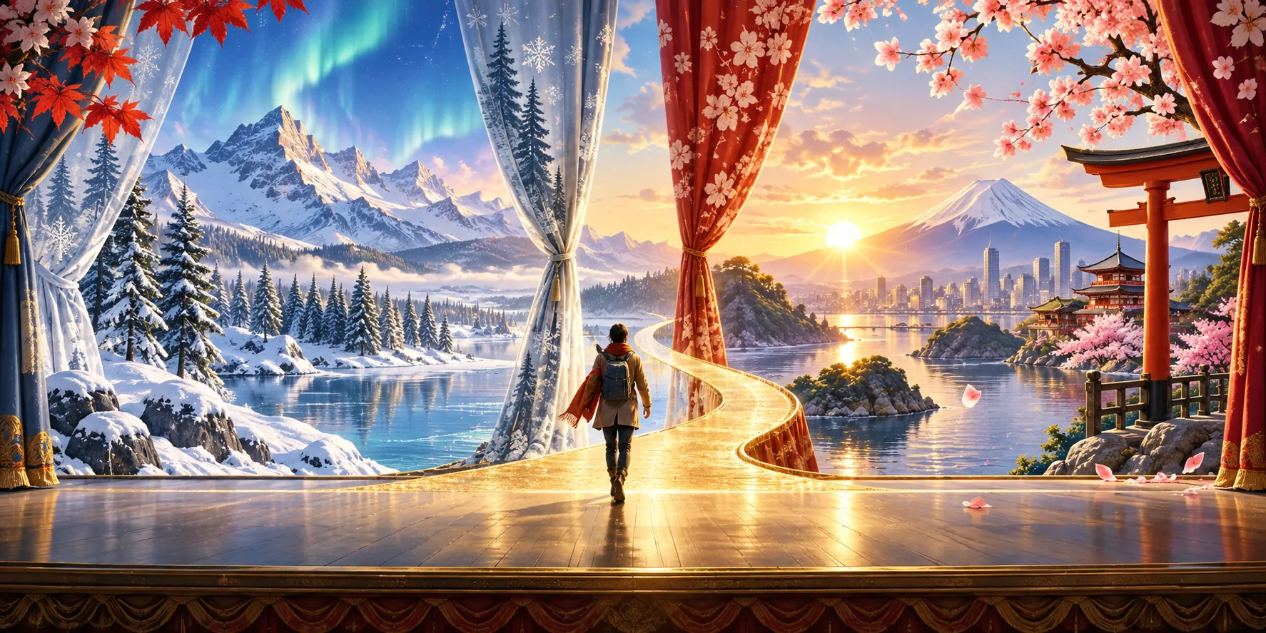 A theatre stage opens onto two joined landscapes — snowy mountains under an aurora on one side, a Japanese sunrise with Mount Fuji and a torii on the other — with a figure walking the path between them.