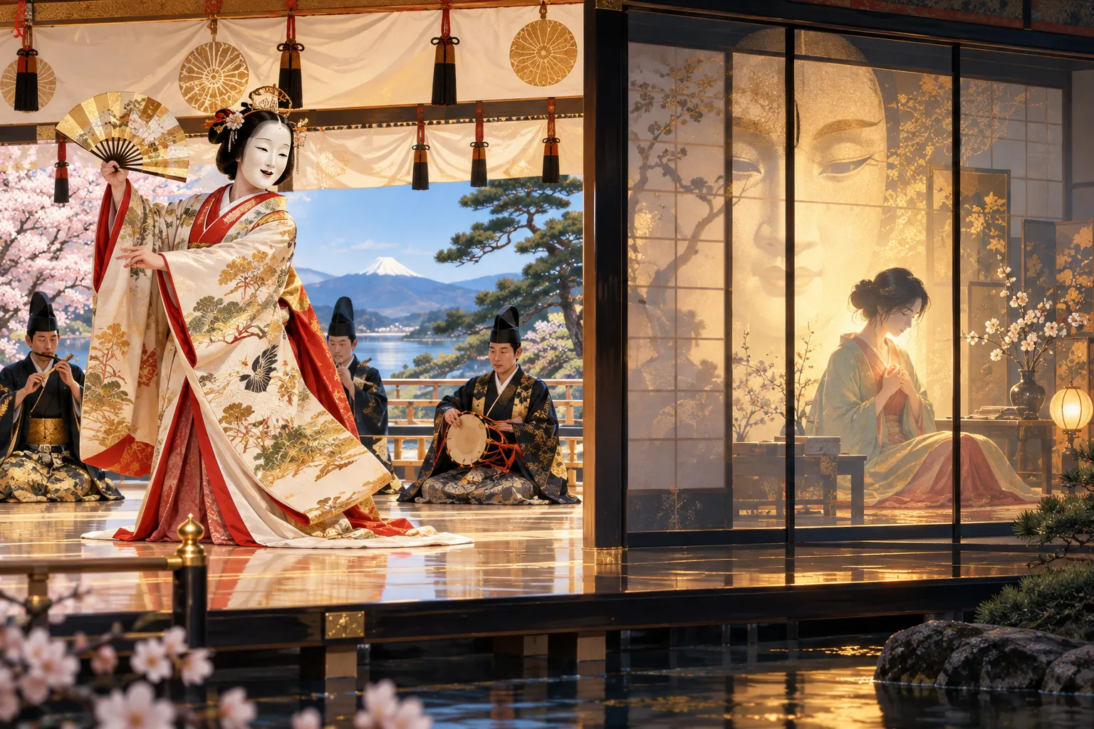 A performer in an elaborate kimono dances on an open-air stage before seated musicians, while behind a sliding screen to the right a woman sits alone in a quiet interior.
