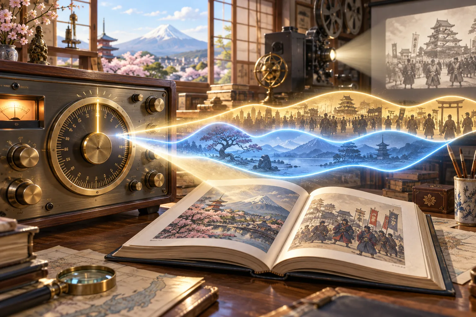 A vintage radio dial casts a beam of light that widens into a landscape and a procession of historical figures, above an open illustrated book on a desk.