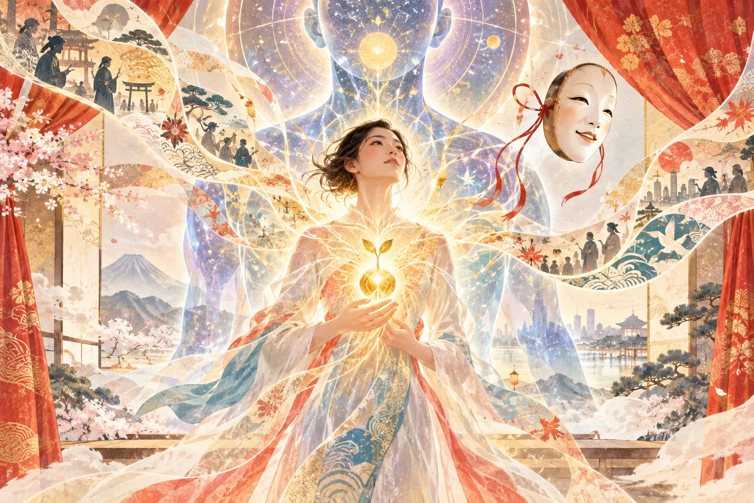 A woman in flowing translucent robes cups a small glowing sprout at her chest, ribbons of Japanese scenes streaming outward and a Noh mask suspended beside her.
