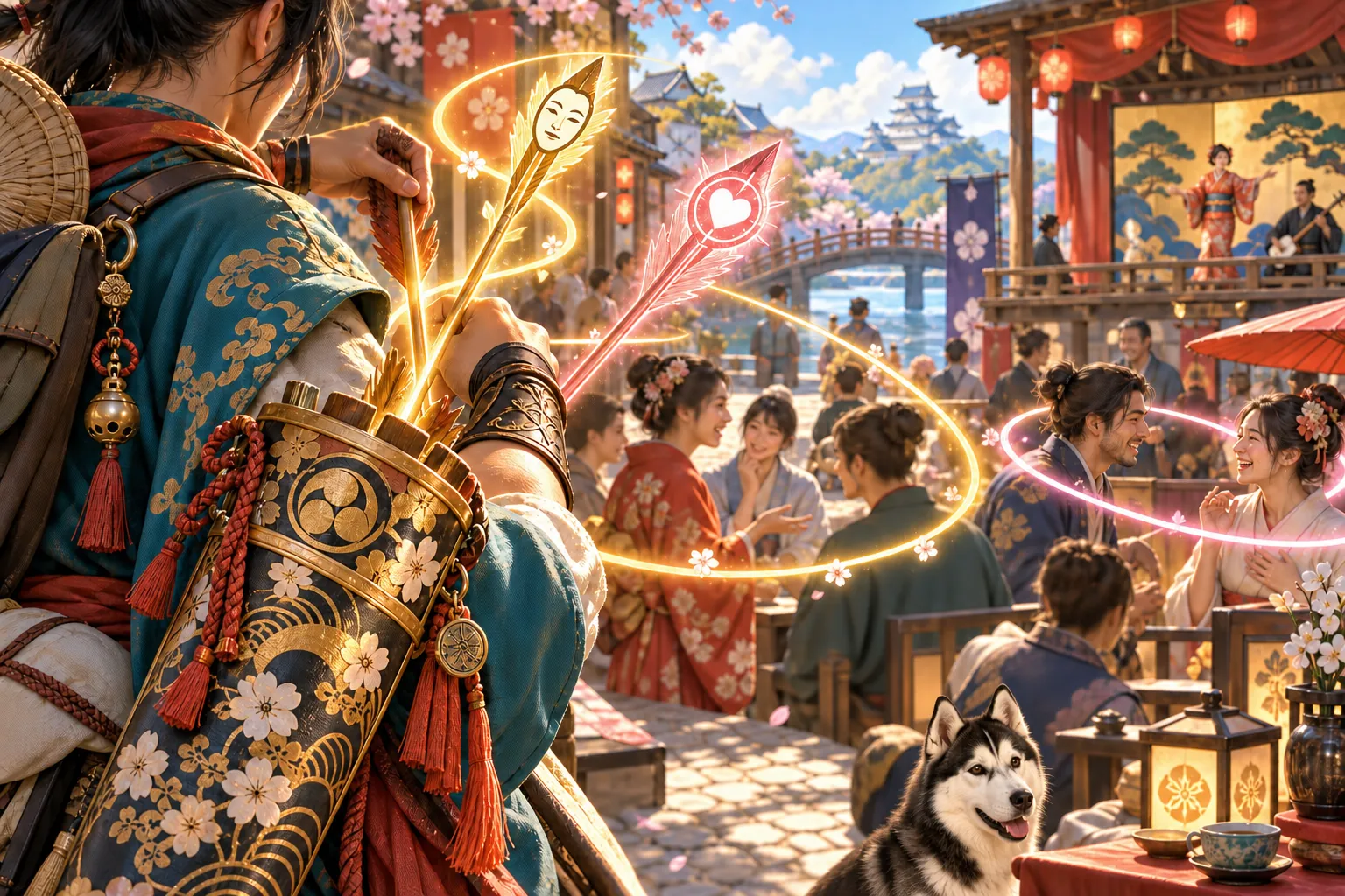 Seen from behind, a figure draws two glowing arrows from a decorated quiver — one tipped with a mask, one with a heart — above a crowded festival street.