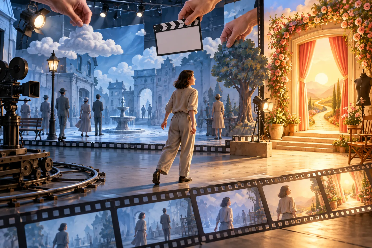 A woman stands alone on a film set before a painted backdrop of grey figures in a plaza, while hands from above hold a clapperboard and a cardboard cloud; a warm doorway opens to one side.