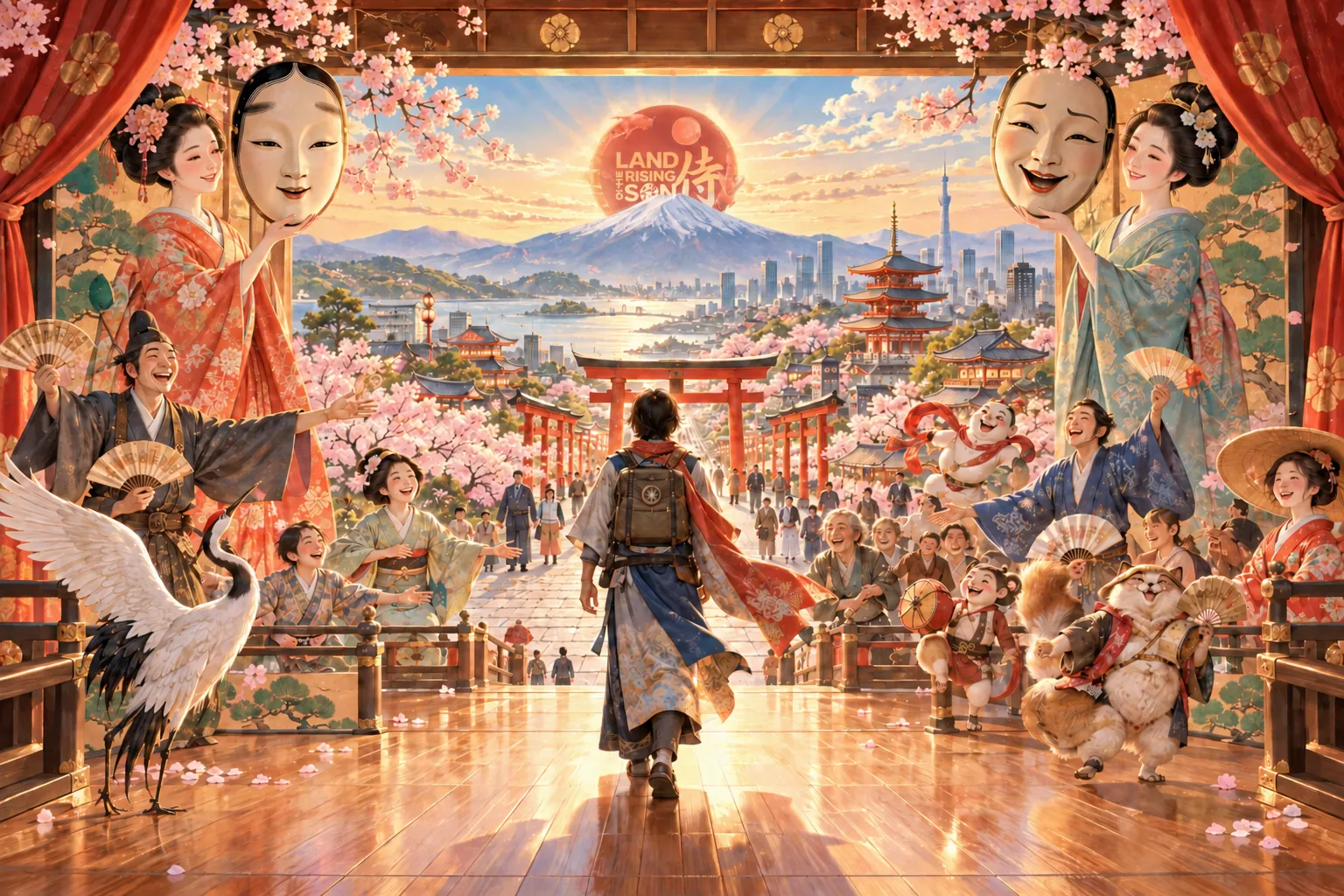 A traveller walks up a wooden stage toward a path of red torii, with Mount Fuji and a city beyond, flanked by laughing masked performers, cranes and dancing figures.
