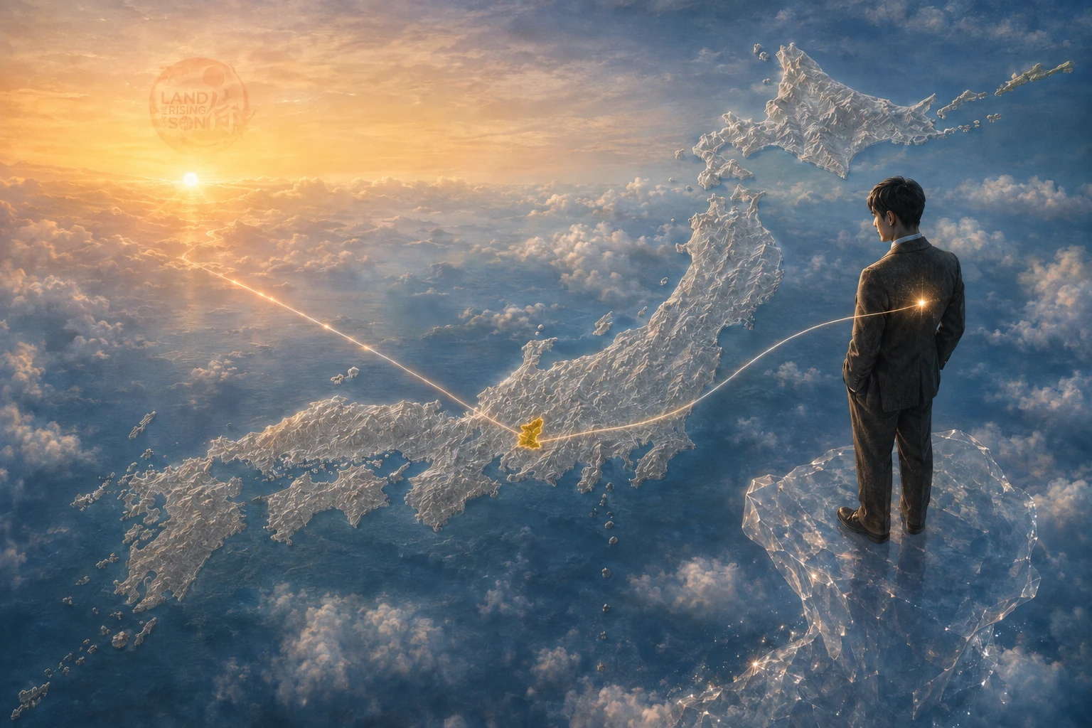 Young Kagami Kozo looks down from a crystal overlook onto a relief map of Japan, where a small inland Gifu Prefecture glows and two light paths connect his heart, his hometown and the western sunrise.