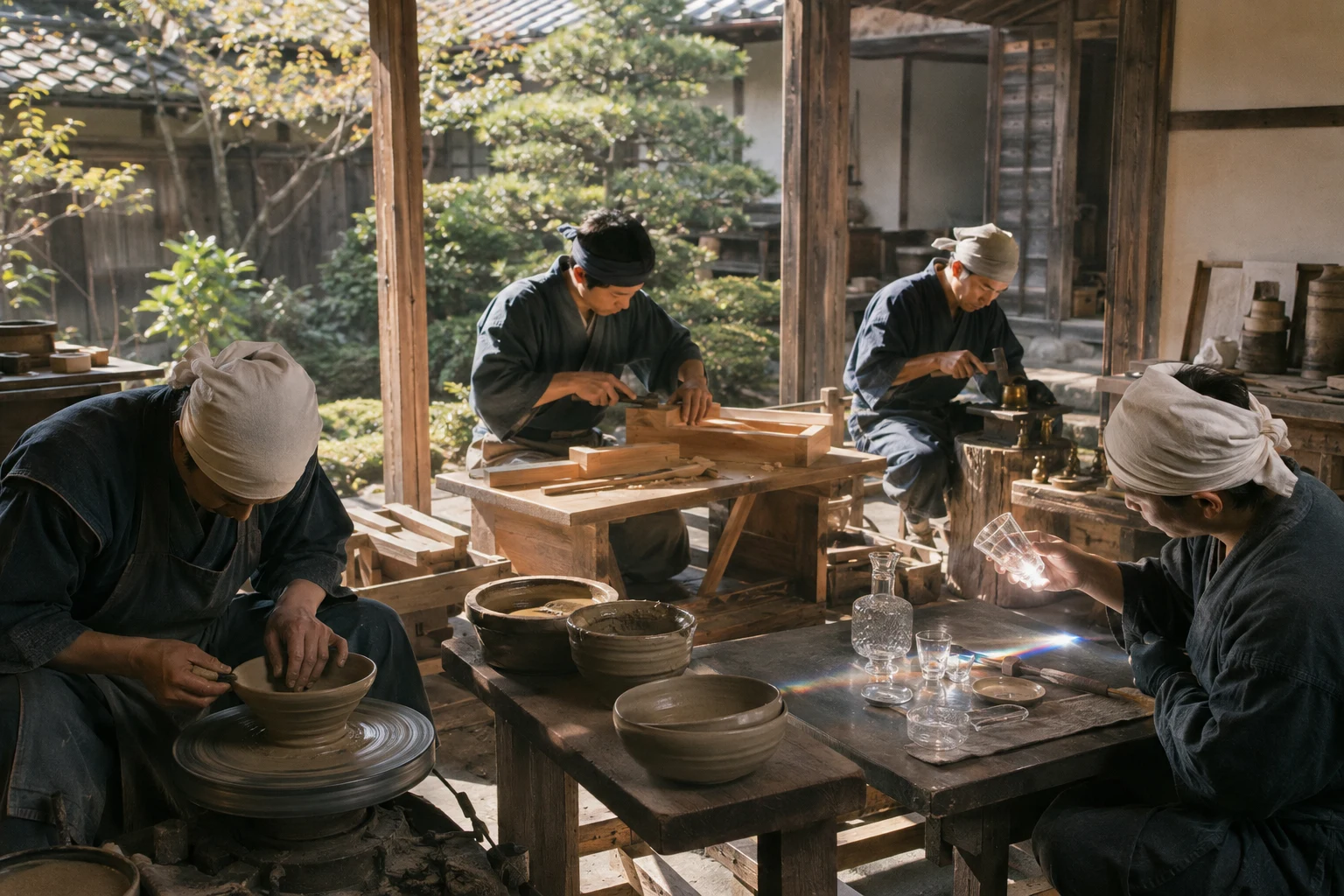 Four artisans work with ceramics, wood, metal and glass in a bright open-sided Japanese craft courtyard.