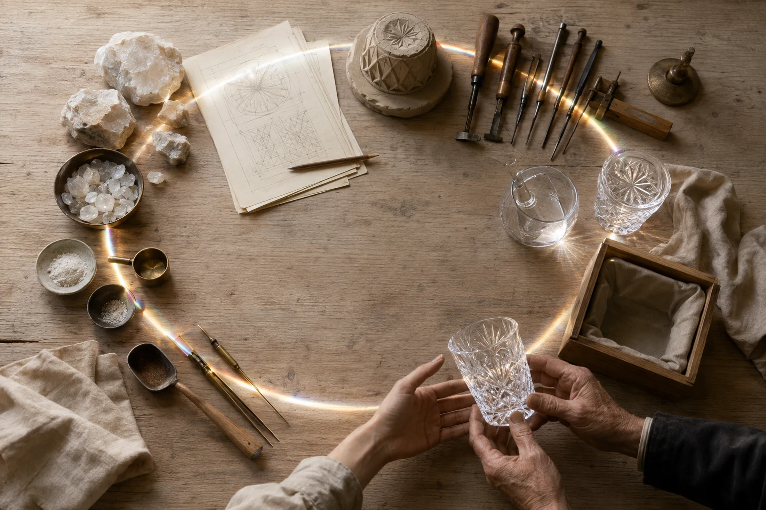 An overhead worktable traces raw minerals, drawings, tools and finished crystal in a luminous circle ending with one generation passing a vessel to another.