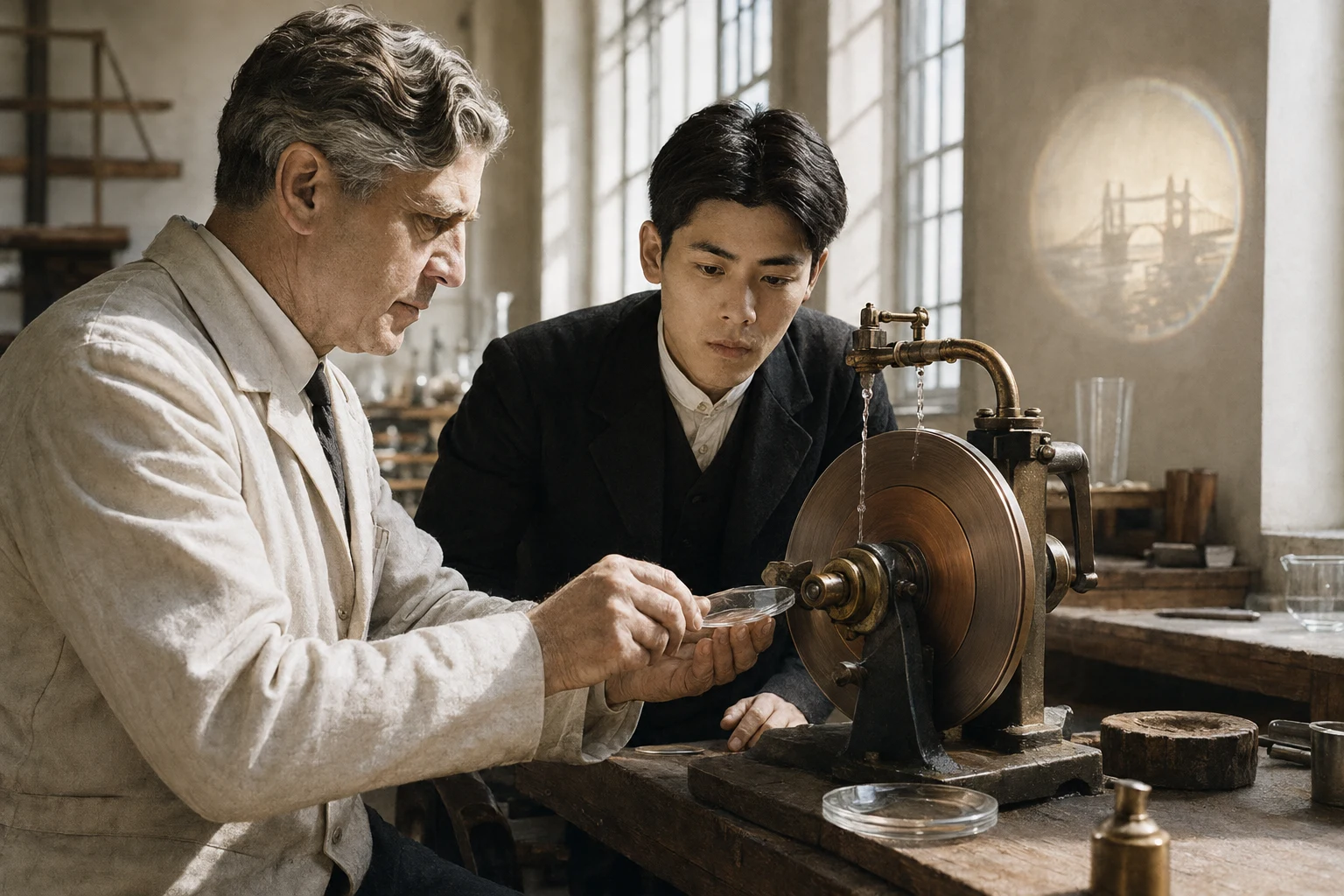 Wilhelm von Eiff demonstrates copper-wheel engraving to young Kagami Kozo in a bright Stuttgart atelier.