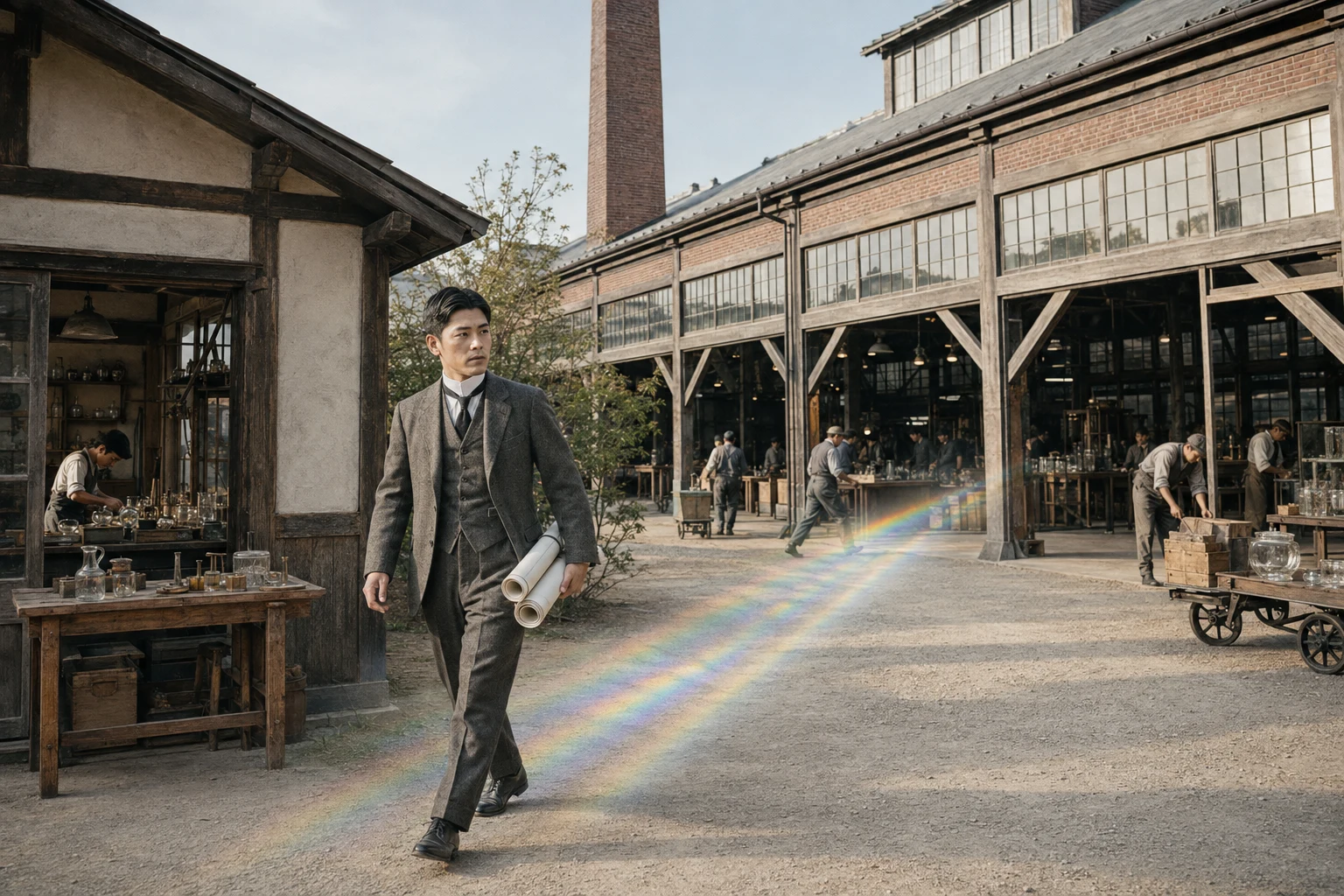 Kagami Kozo crosses a bright industrial courtyard from a modest atelier toward a larger integrated crystal works.