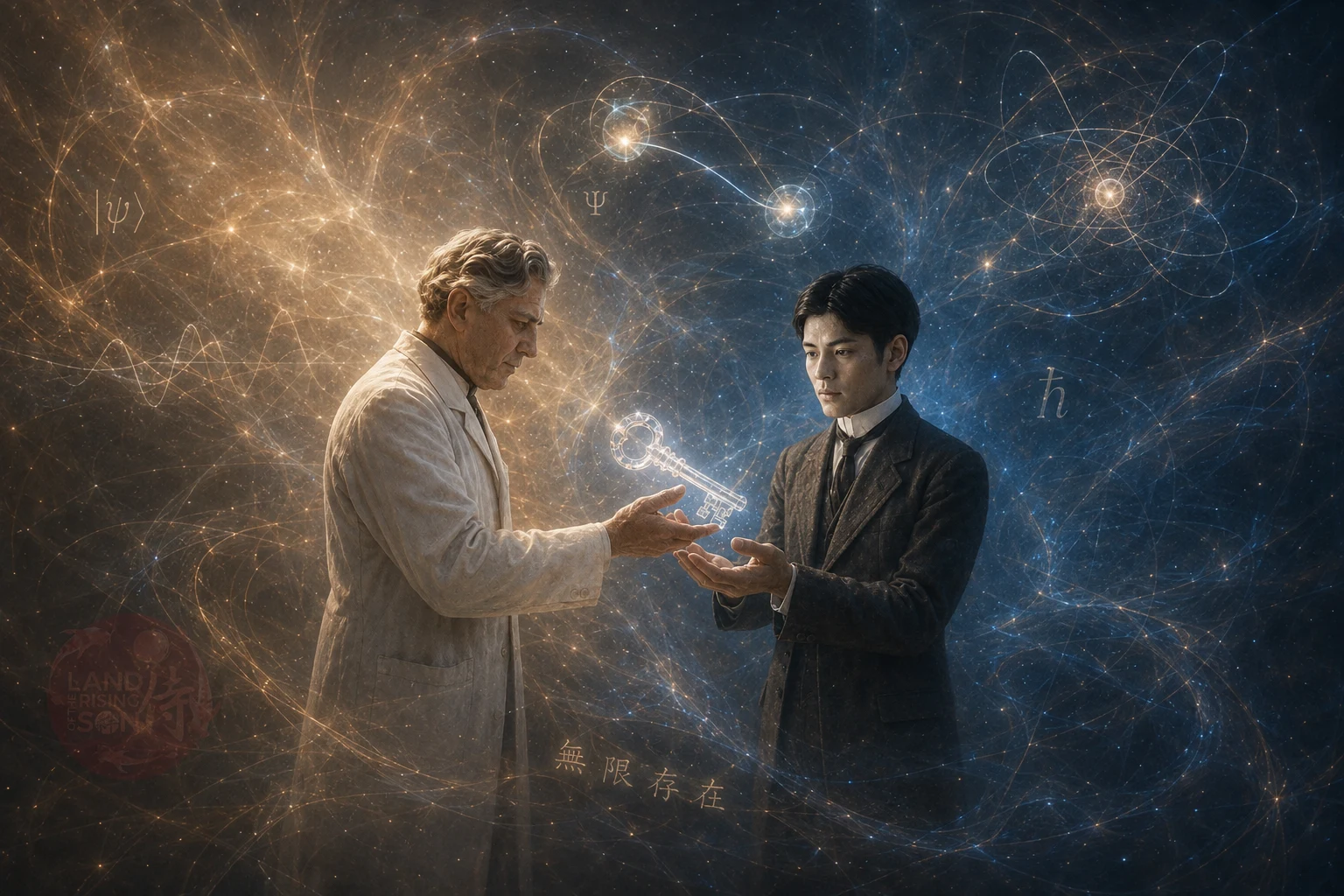In a spacious amber-and-indigo quantum field, Wilhelm von Eiff passes a luminous crystal key to young Kagami Kozo amid faint wavefunctions, atomic orbits, the words Mugen Sonzai in Japanese, and a nearly hidden LOTRS koi emblem.