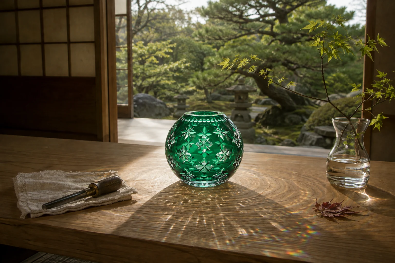 A rounded emerald-green star-cut crystal vase, worn hand tool and living branch rest on a sunlit wooden table overlooking a Japanese garden.