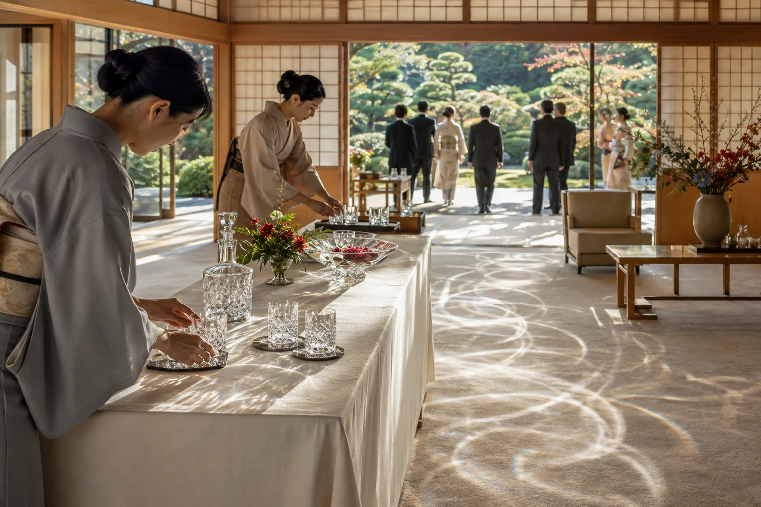 Attendants prepare crystal service in a luminous Japanese reception room opening to a garden.