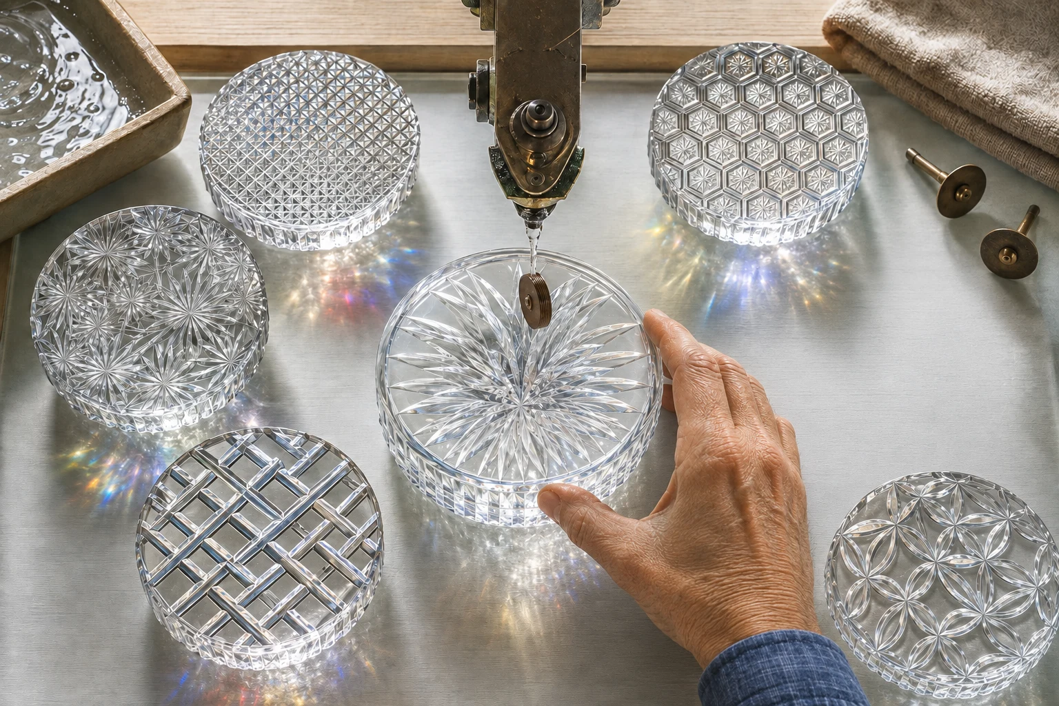 Six distinct clear-crystal pattern studies surround a working copper-wheel engraving station: Nanako, Rokkaku Kagome, Kiku-tsunagi, Asanoha, Yarai and Shippo.