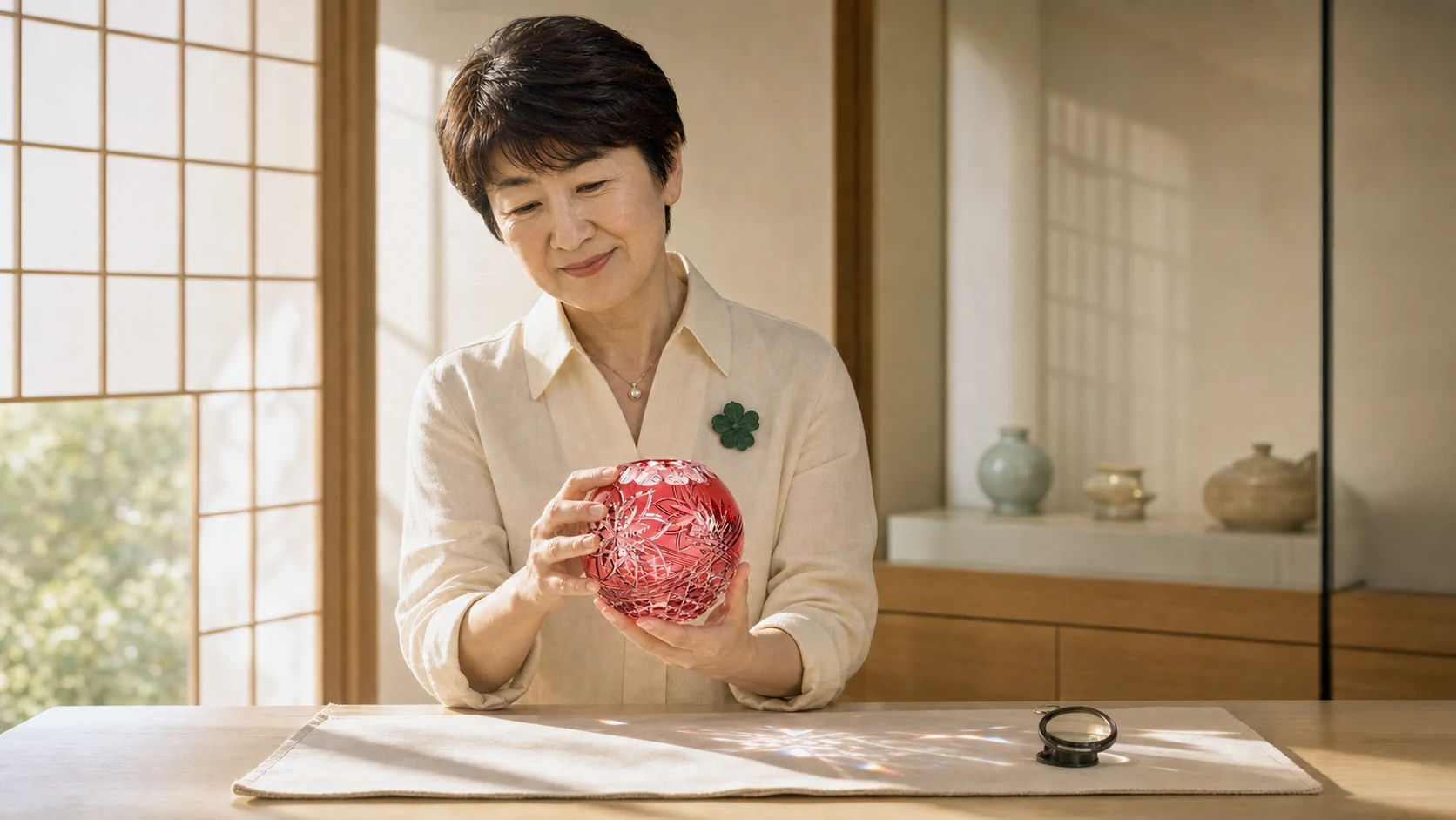 Hashimoto Nonoko carefully inspects a luminous ruby-pink cut-crystal flower vase in a bright, serene Japanese curatorial room.