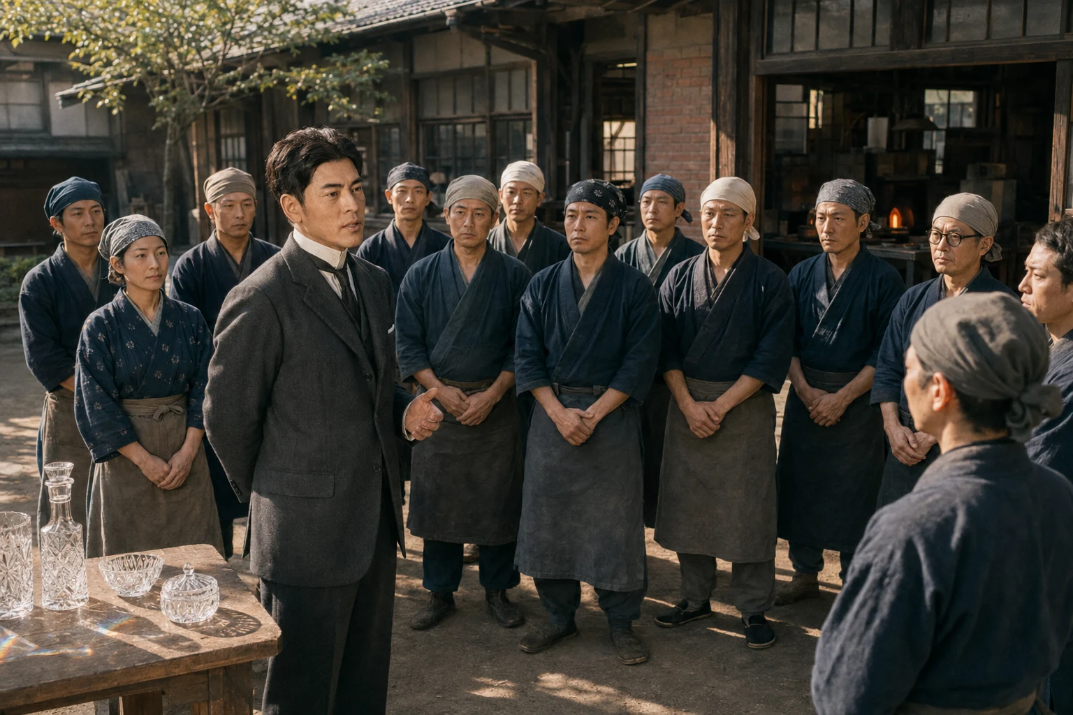 A mature Kagami Kozo addresses twelve attentive crystal craftspeople during a bright outdoor morning assembly in the courtyard of a modest mid-1930s Japanese workshop.