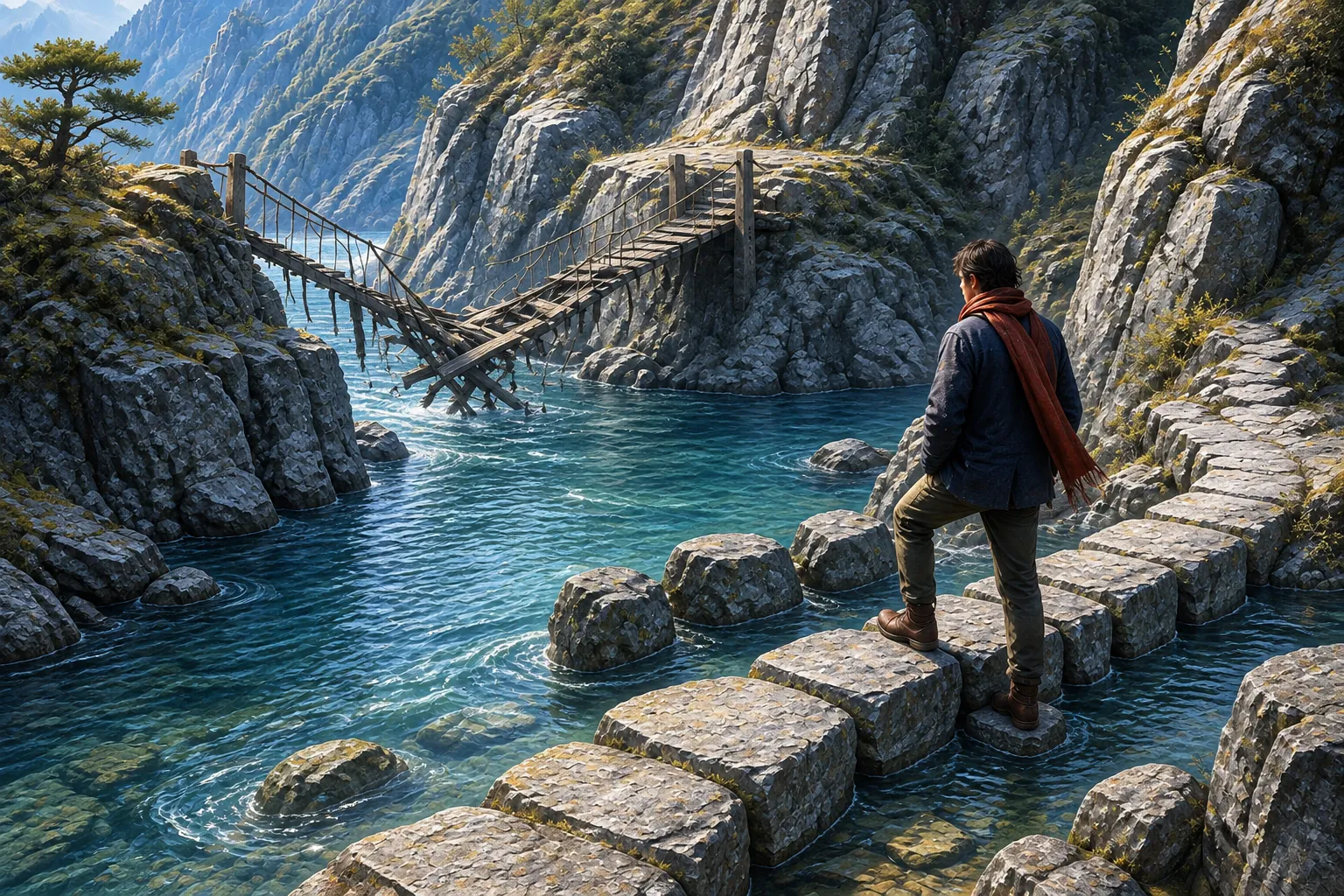 A traveller in an indigo jacket and rust-red scarf tests a line of stone blocks across a clear blue river while a collapsed rope footbridge hangs in the channel beyond.
