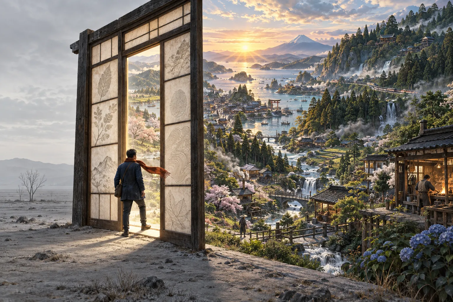 A figure in an indigo jacket stands in a tall wooden doorway set on a bare grey plain, looking through it into a sunlit valley of villages, waterfalls and blossom.