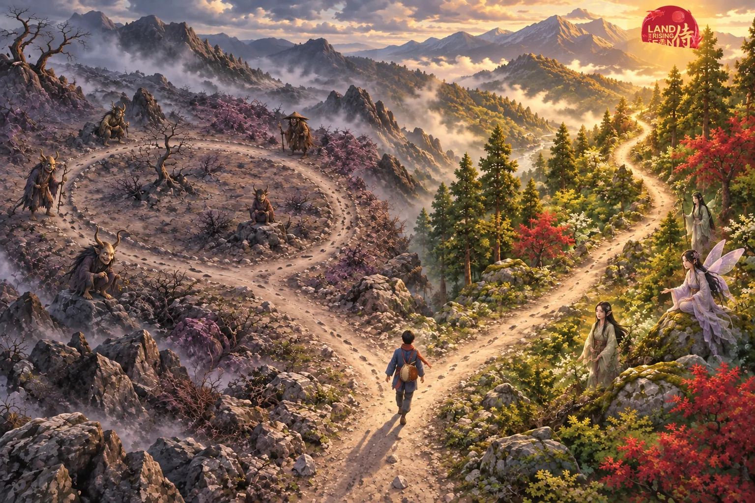 A walker reaches a fork where a barren grey loop circles back among gnarled trees on the left and a sunlit path climbs through red maples toward distant mountains on the right.