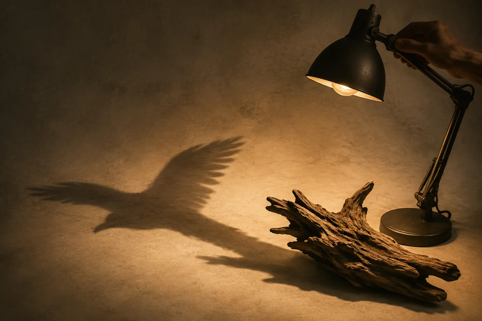 A hand tilts a desk lamp over a piece of rough driftwood so that its shadow falls across the wall as a bird with outstretched wings.