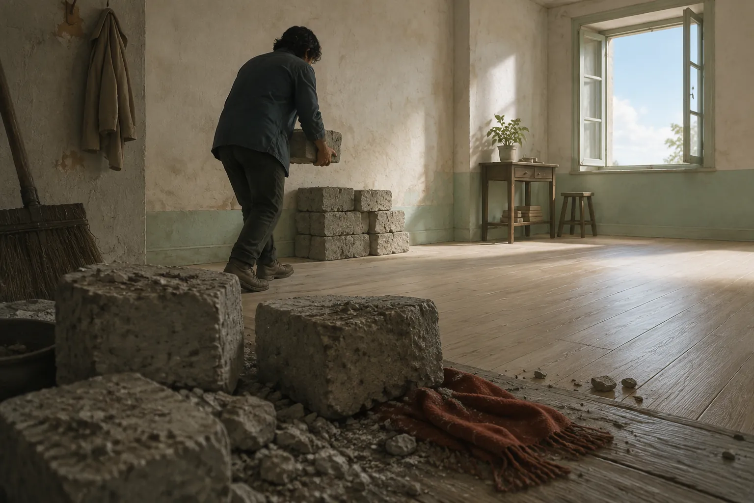 A man carries a masonry block toward a low stack in a half-cleared room, with rubble in the foreground and morning light through an open window beyond.