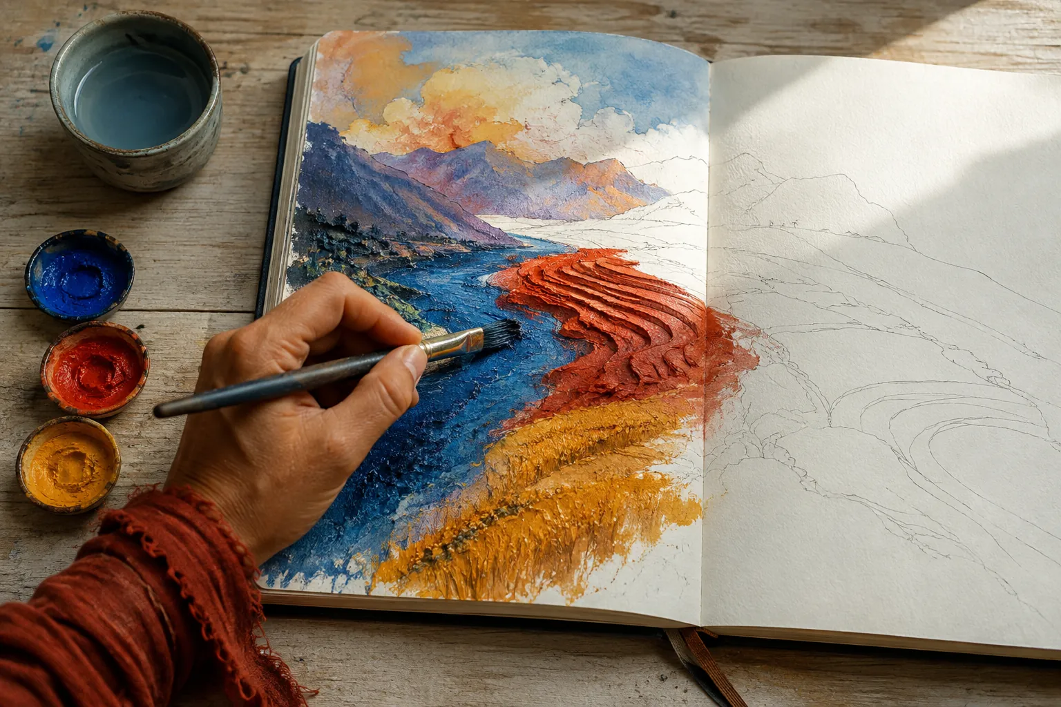 A hand paints colour into a landscape drawing in an open sketchbook; the left page is filled with blue, red and gold while the right page remains bare pencil outline.