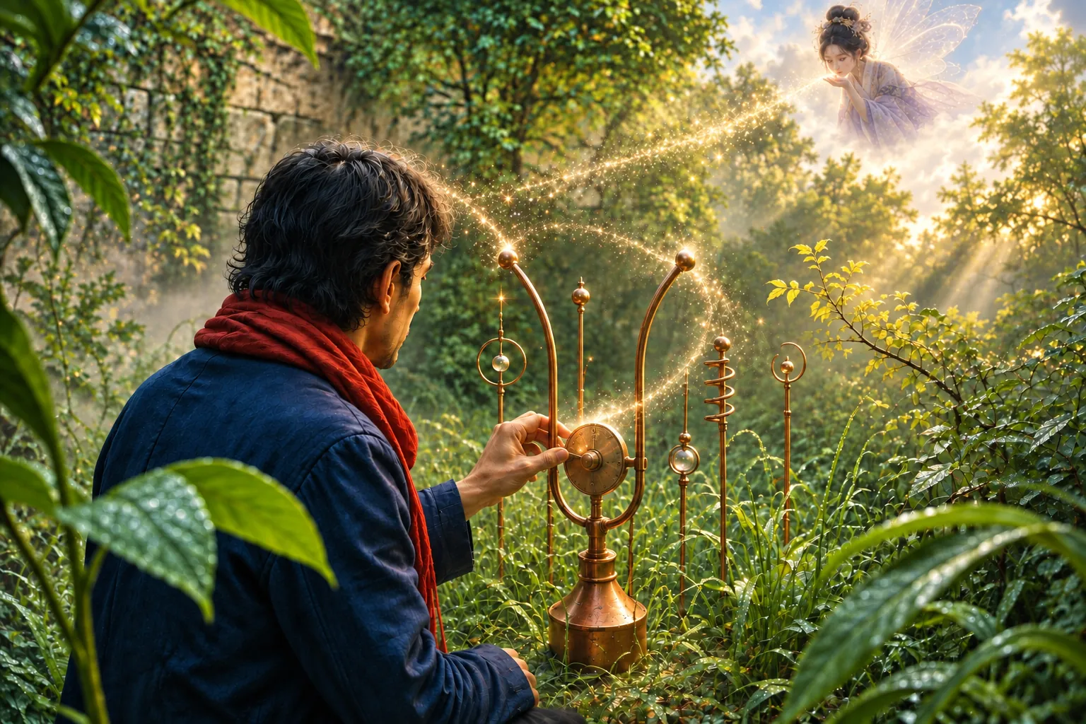 A man in an indigo jacket and rust-red scarf adjusts a brass tuning instrument in a dew-lit garden as a winged figure above traces an arc of golden light toward it.