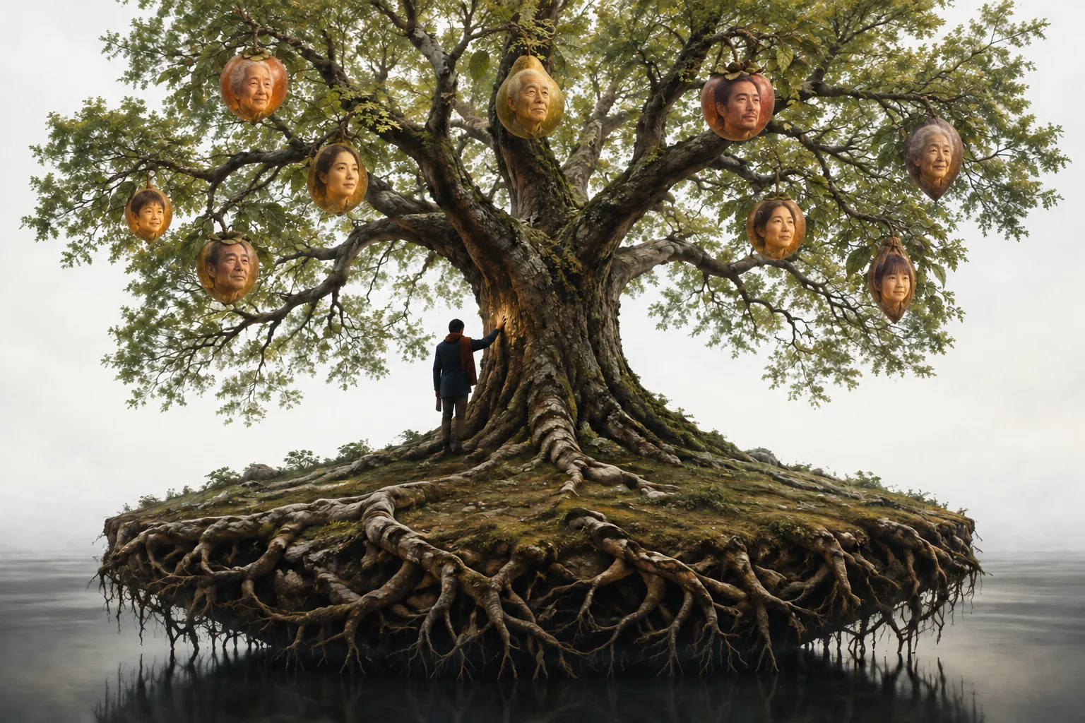 A broad tree stands on a small island of exposed roots, bearing round fruit in which human faces of several generations are visible; a figure stands at the trunk.