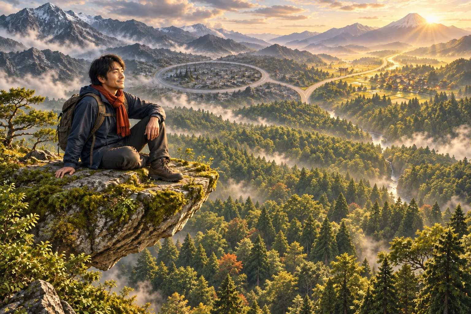 A hiker rests on a mossy cliff edge above a wide forest; a closed ring of buildings sits in the mist on one side while a lit valley opens toward the sunrise on the other.