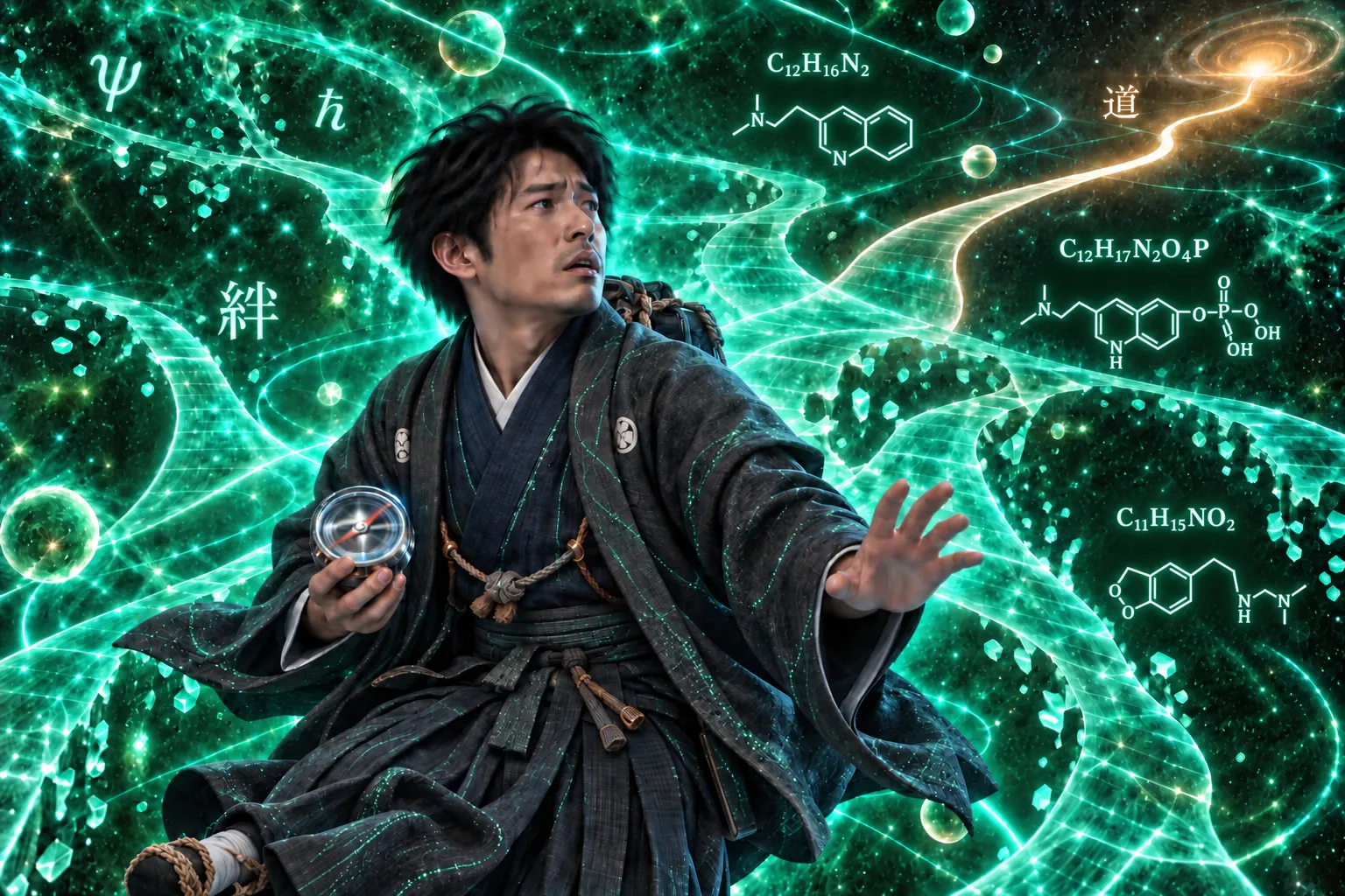 A man in a dark kimono holds a compass amid sweeping green filaments of light, with physics symbols, kanji and chemical structure diagrams floating around him and one golden thread leading away.
