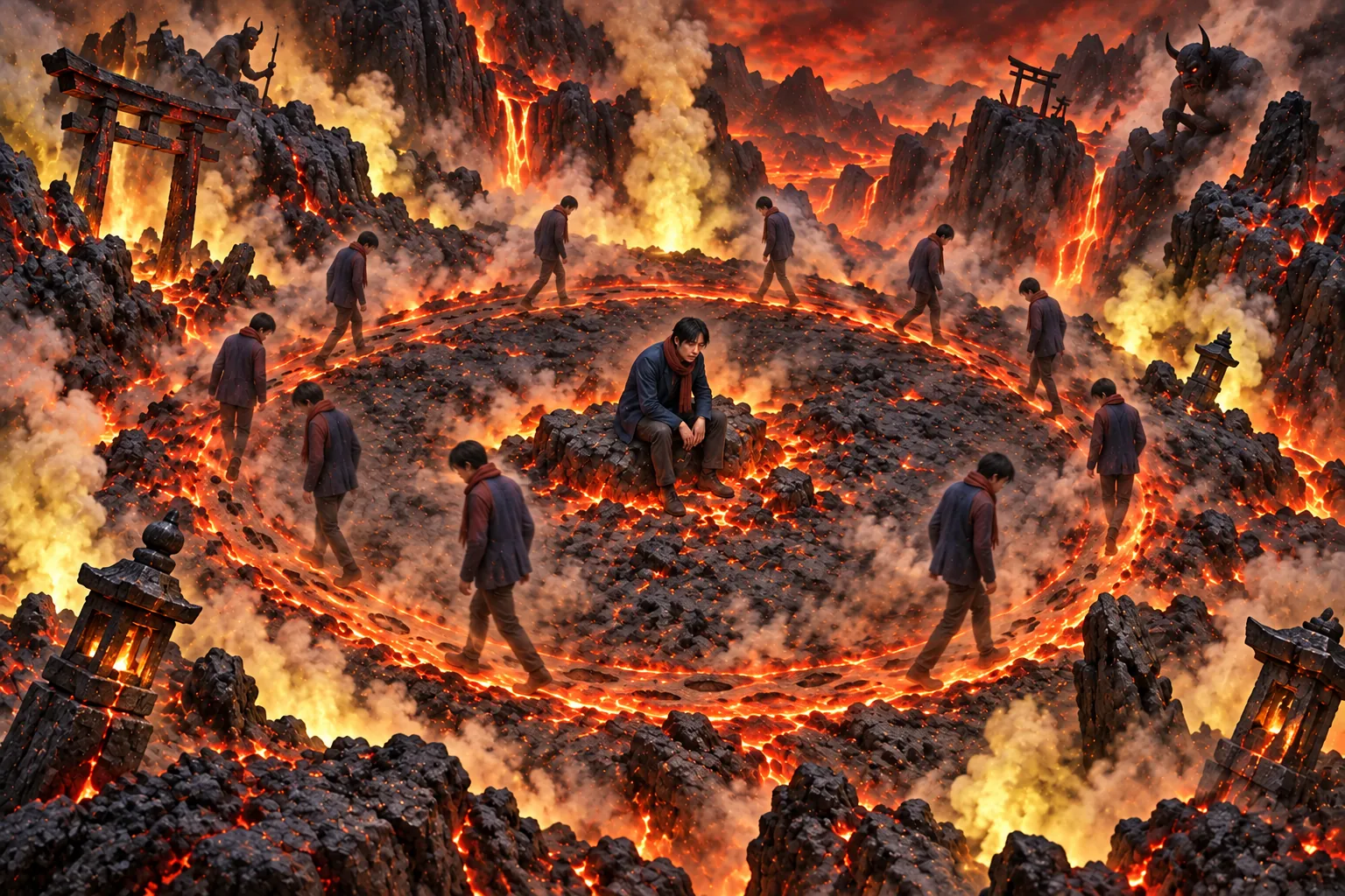 A man sits motionless at the centre of a glowing ring of embers in a volcanic valley while translucent repetitions of himself walk the same circle among broken torii and stone lanterns.