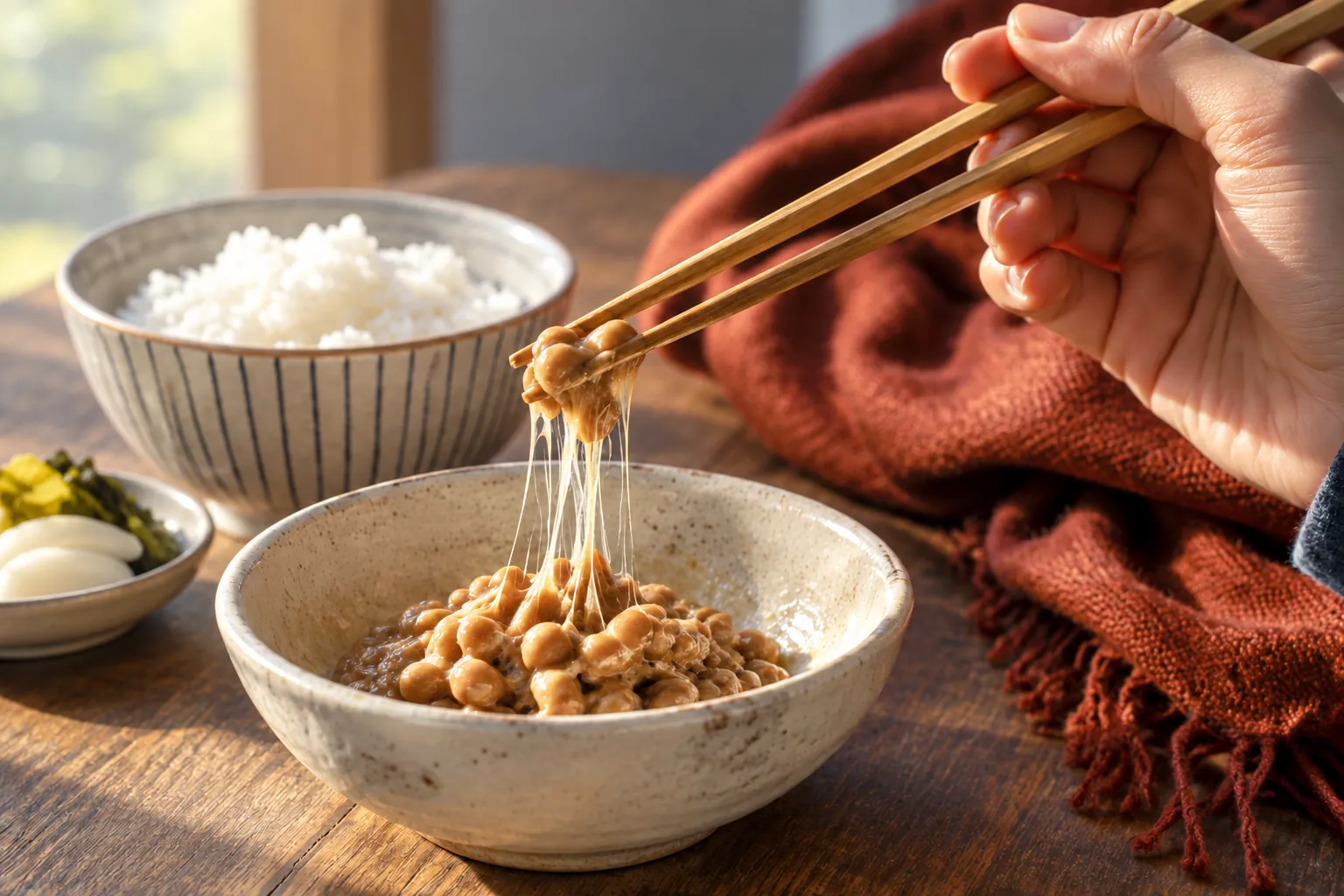 Chopsticks lift a portion of natto from a ceramic bowl, drawing fine sticky strands, with a bowl of rice and pickles behind on a wooden table.