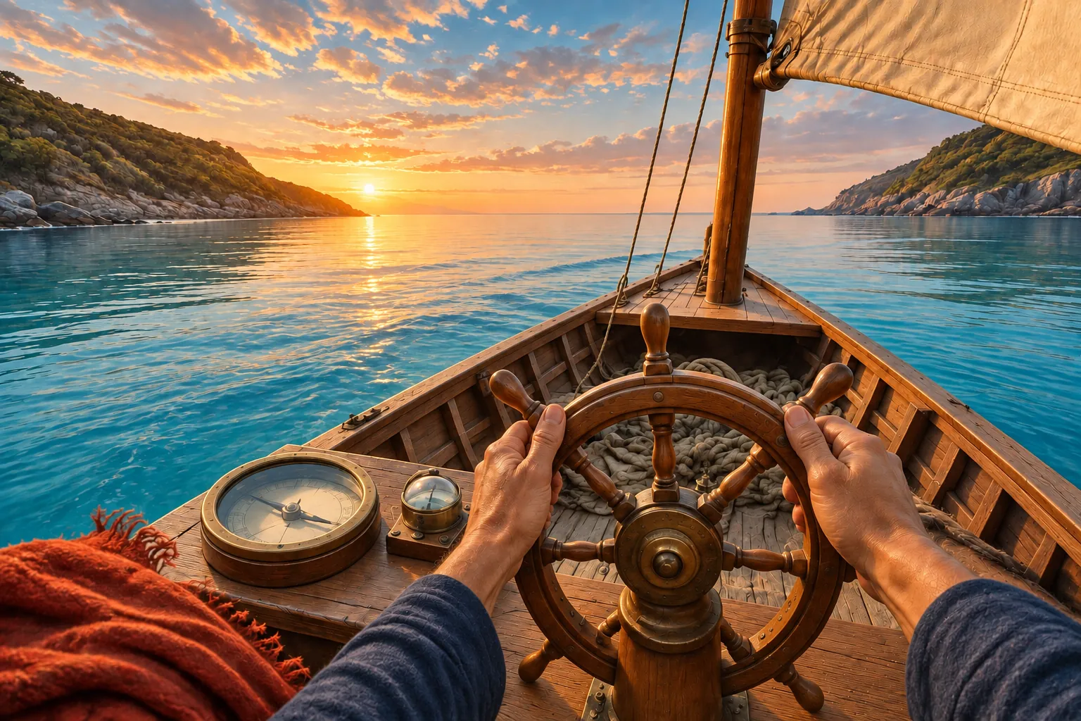 A first-person view over two hands gripping a wooden ship's wheel, with a brass compass on the deck and the sail and open sea ahead at sunrise.