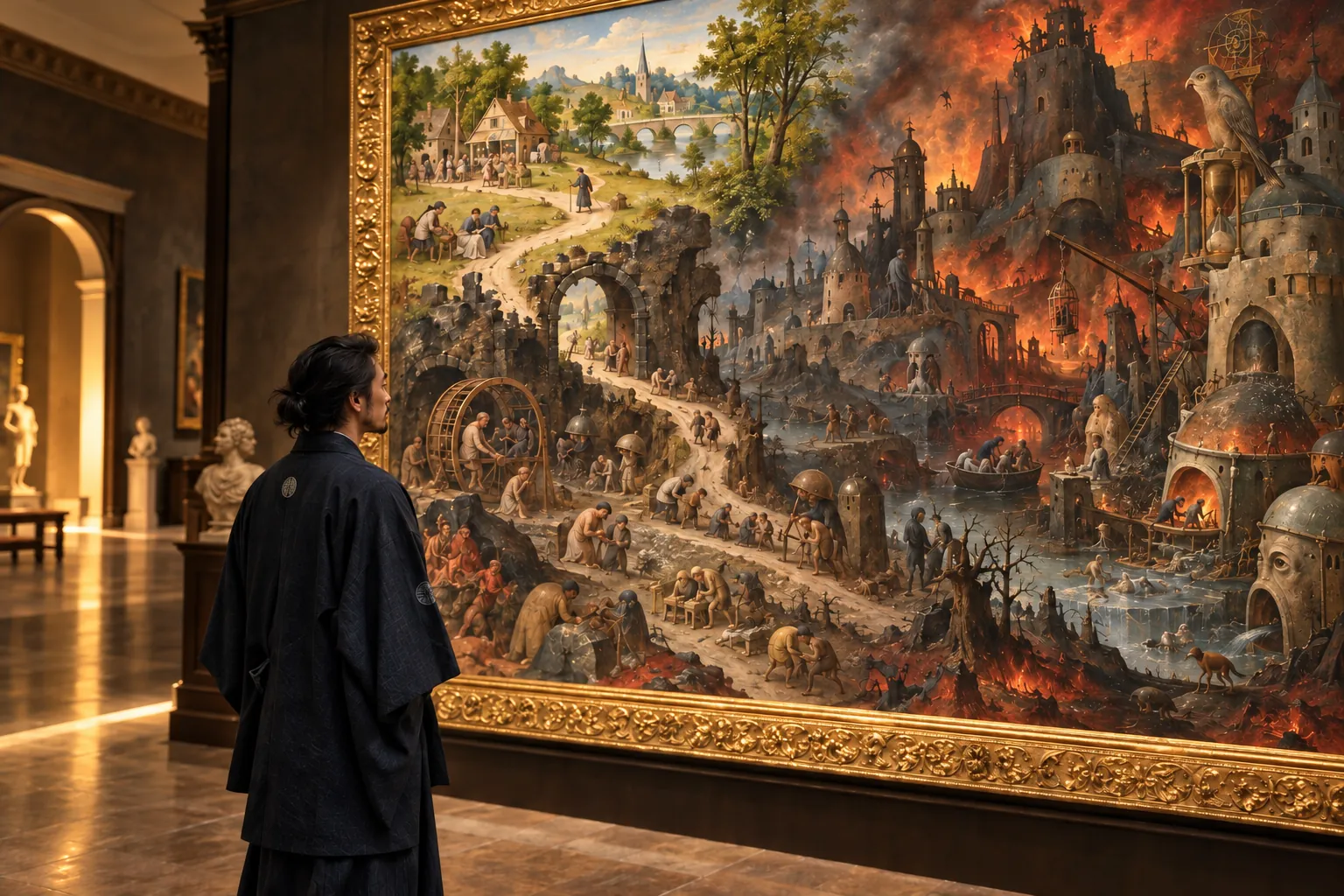 A man in a dark kimono stands in a gallery before a large gilt-framed painting in which a quiet green village path leads into a burning, smoke-filled landscape of toiling figures.