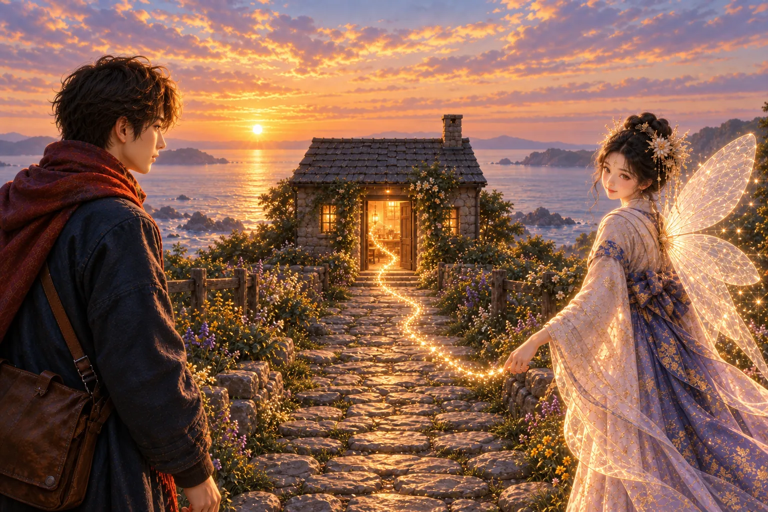 A man with a rust-red scarf looks along a lantern-lit stone path toward a small cottage with an open, glowing doorway, while a winged figure on the right trails light toward the same door.