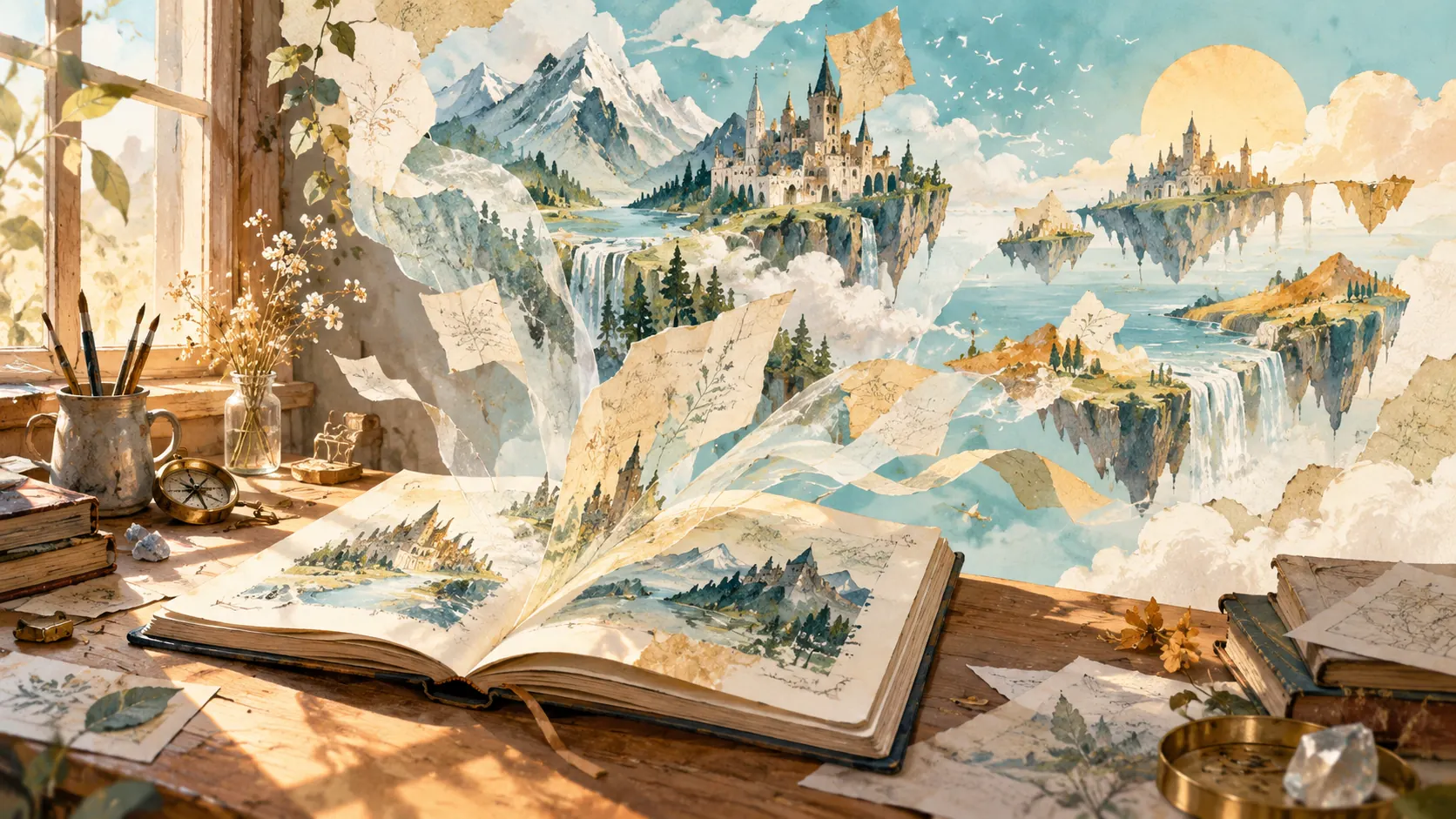 Layers of hand-drawn imagined landscapes rise from an open sketchbook on a sunlit desk.