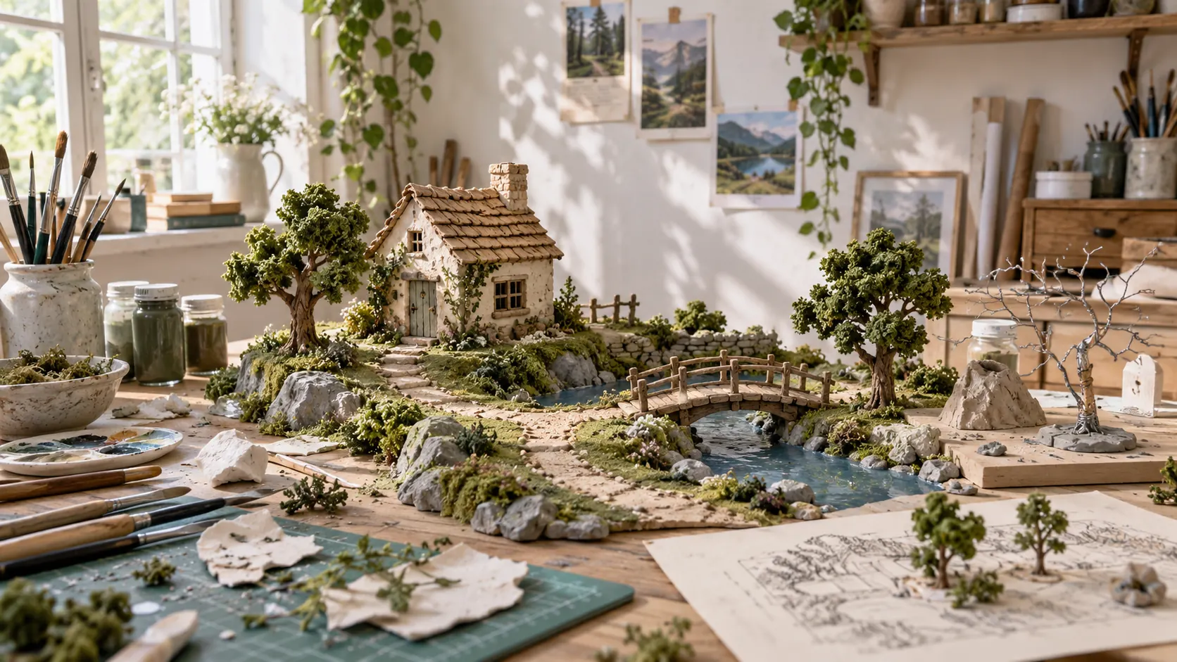 A handmade miniature world with a cottage, trees, a bridge and a winding path takes shape on an artist’s worktable.