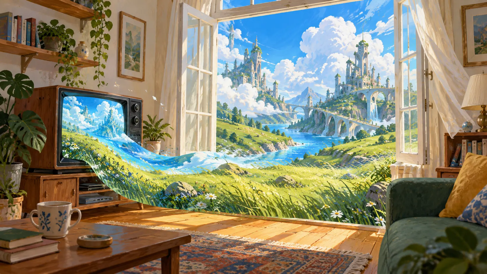 A painted landscape flows out of a small television in a bright living room and merges with the scenery beyond the open window.