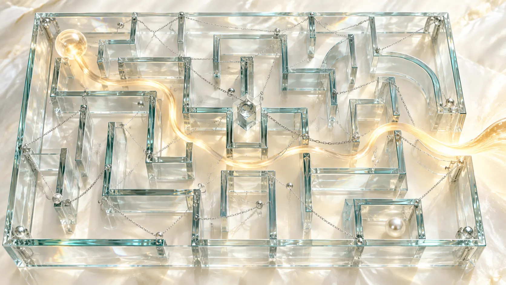 A transparent glass maze seen from above is crossed by fine chains while a ribbon of amber light winds through it toward an open edge.