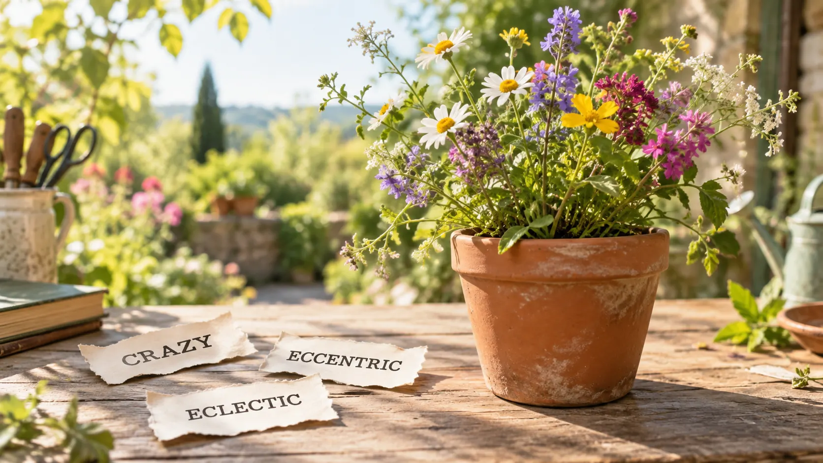 Torn paper labels reading CRAZY, ECCENTRIC and ECLECTIC lie on a garden table beside wildflowers growing freely from a clay pot.