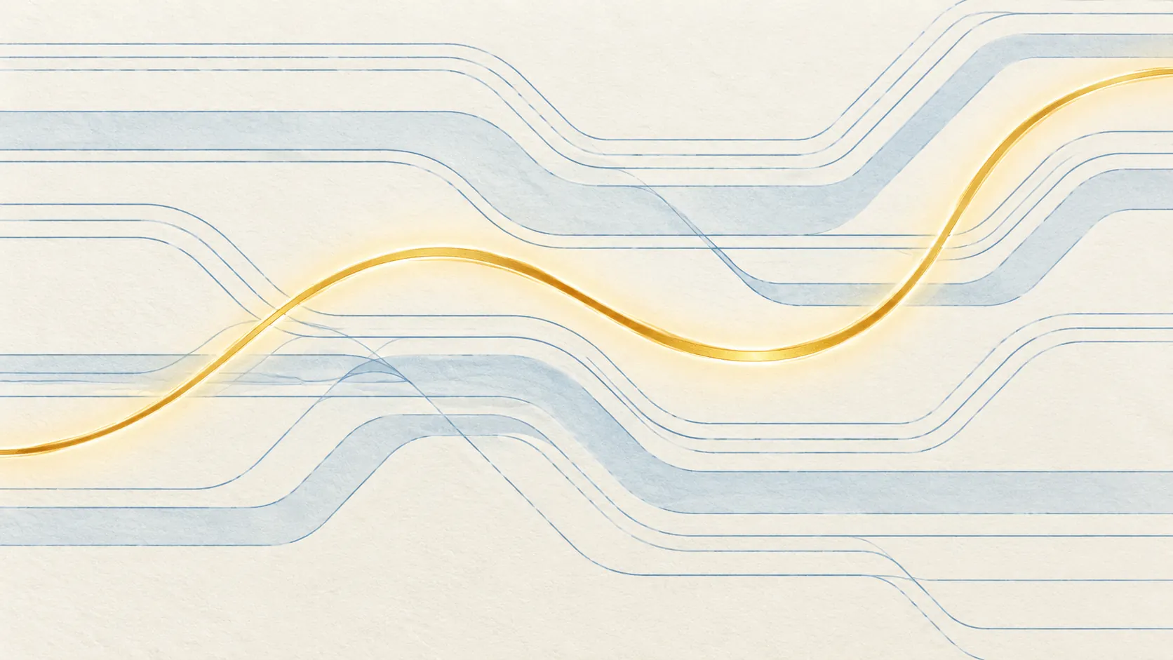 A single golden thread curves along its own course across a field of pale blue parallel lines.